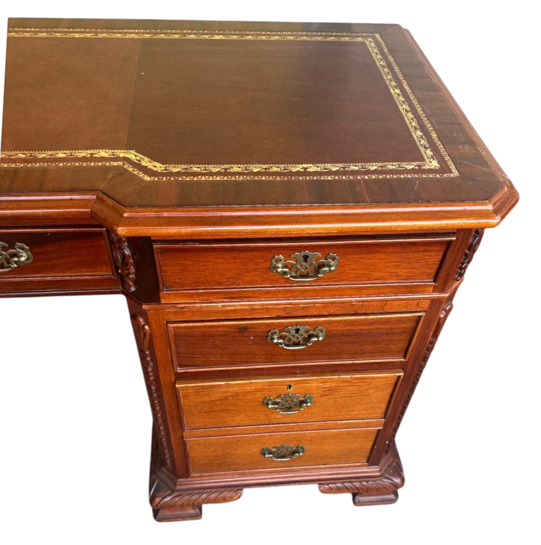 Carved Mahogany Double Pedestal Desk With Tooled Leather Top - Vintage Late 20th Century - Image 6