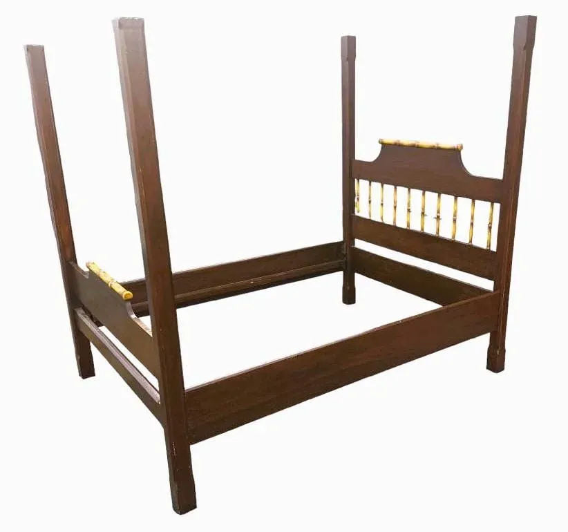 Chinoiserie Solid Teak and Faux Bamboo Queen Size Bedframe - Circa 1940 - Image 6