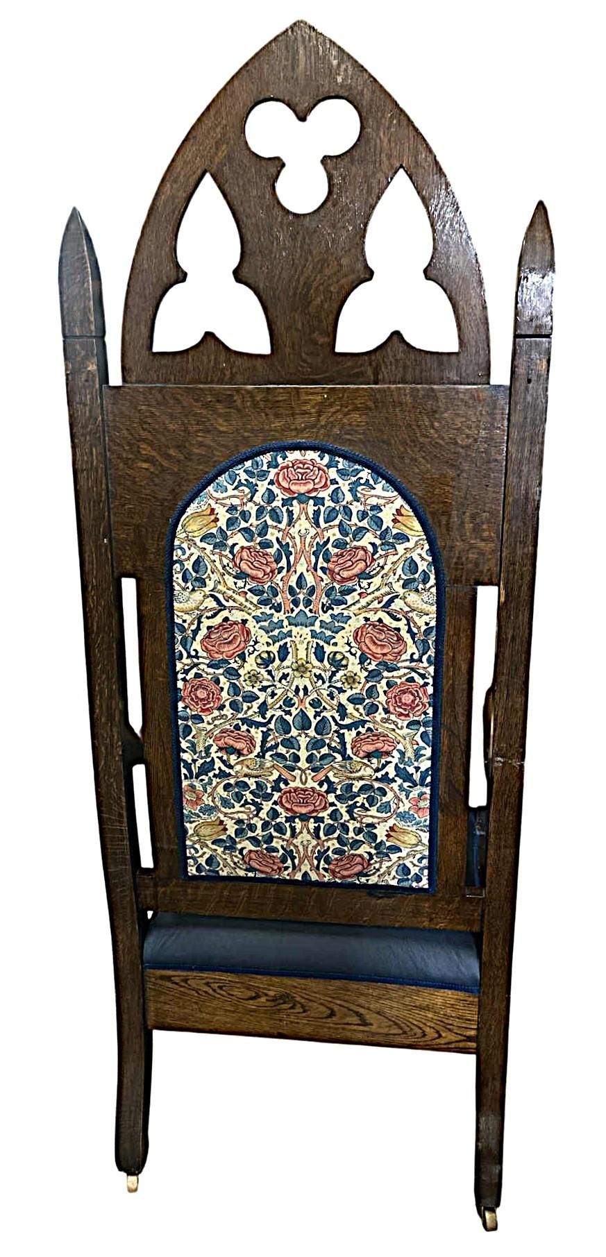 19th Century English Oak Bishop’s Throne Reupholstered With Leather and William Morris ‘Rose’ Linen - Image 6