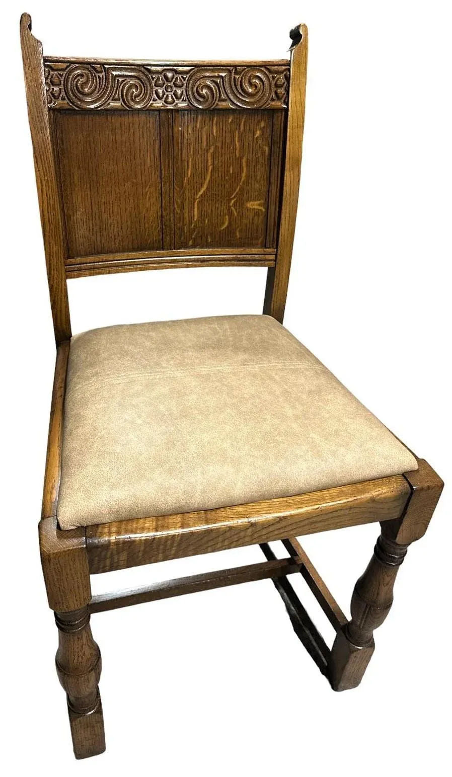 19th Century Antique English Arts & Crafts Oak Dining Chairs With New Leather Seats - Set of 6 - Image 6