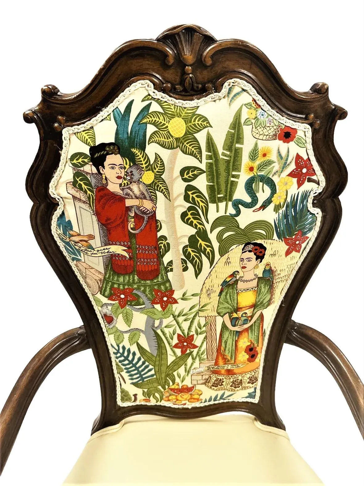 Pair of Vintage Karges Fauteuils With New Leather and 'Frida's Garden' Chintz Upholstery - Image 6