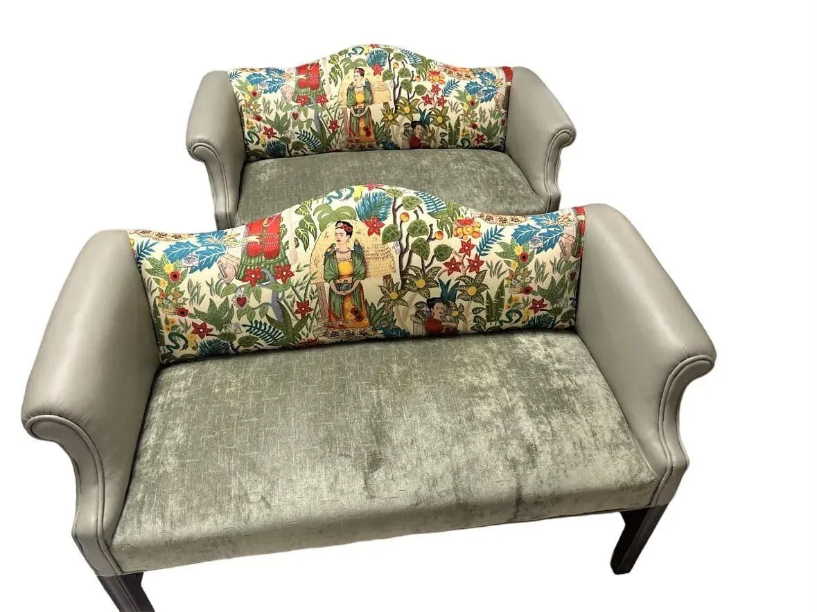Pair of Chippendale Camelback Settees in ‘Frida’s Garden’ Chintz and Celadon Leather and Velvet - Image 6