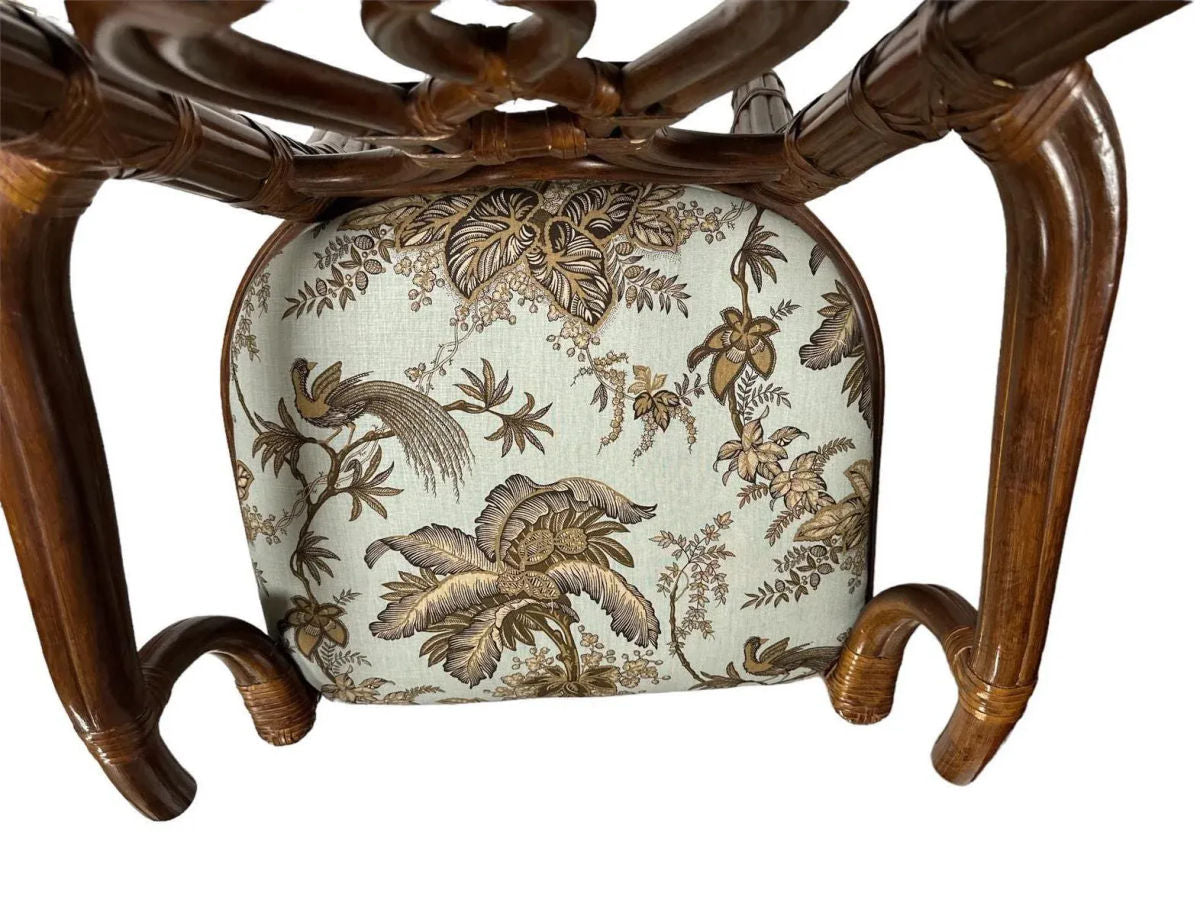 Pair of Vintage Bernhardt Rattan Chairs With New Schumacher Linen ‘Coconut Grove’ Seat Upholstery - Image 6