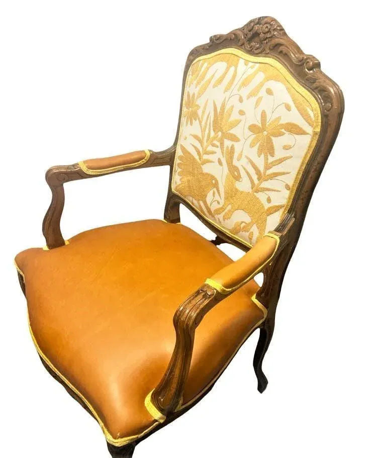 Pair of Vintage Chateau d'Ax Fauteuils With Otomi Hand Embroidery and Cognac Leather - Mid 20th Century - Image 6