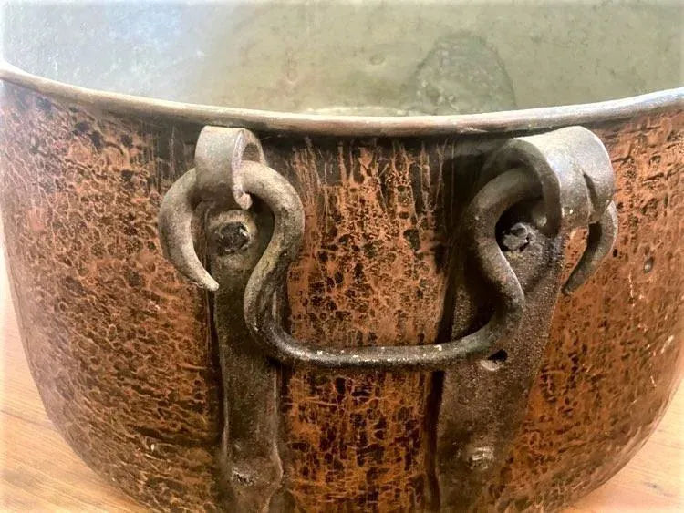 Large Antique Hammered Copper Cauldron With Hand Wrought Iron Handles - Image 6