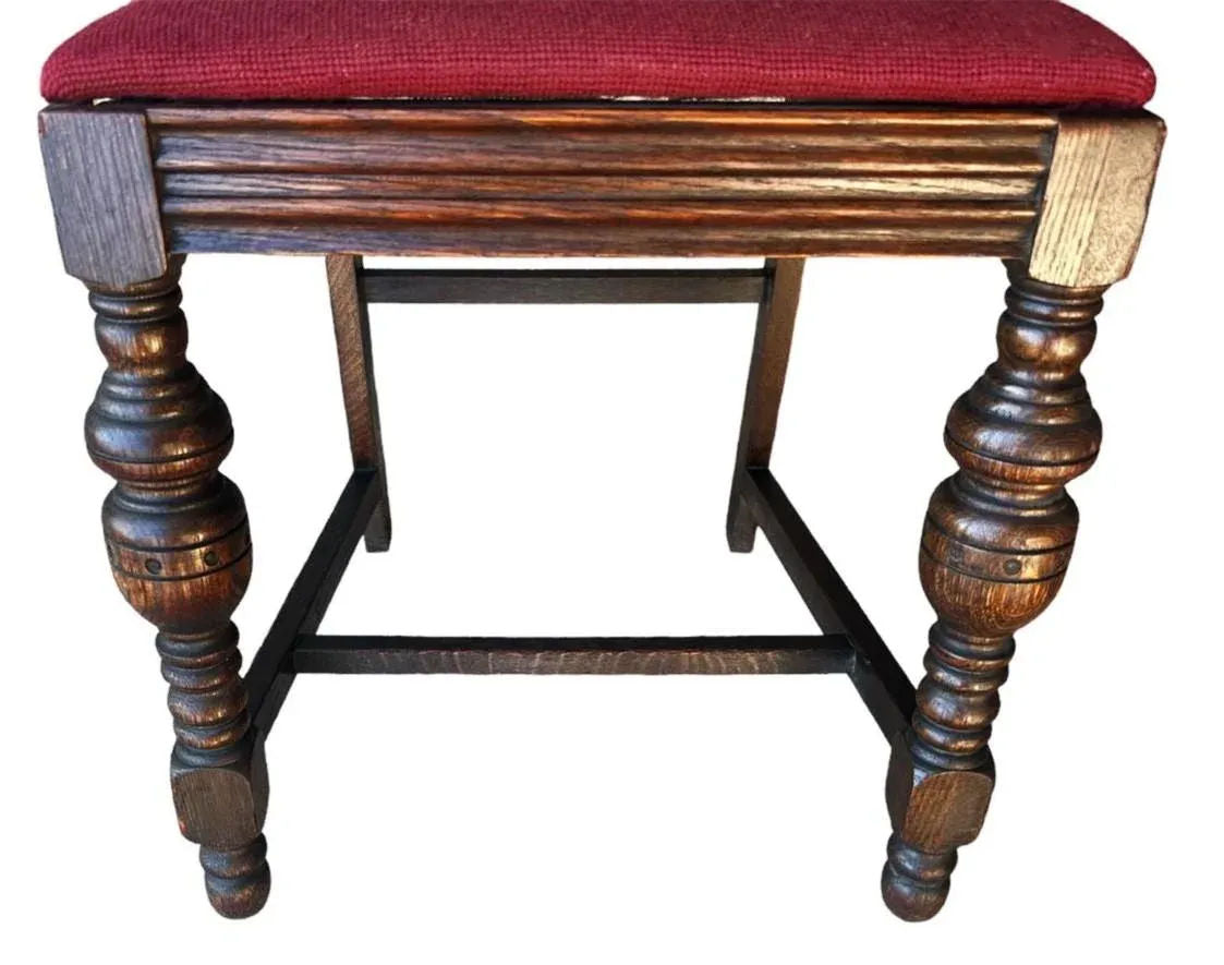 Antique 1920s Spanish Revival or Jacobean Carved Oak Dining Chairs With Needlepoint Seat Upholstery - Set of 6 - Image 6
