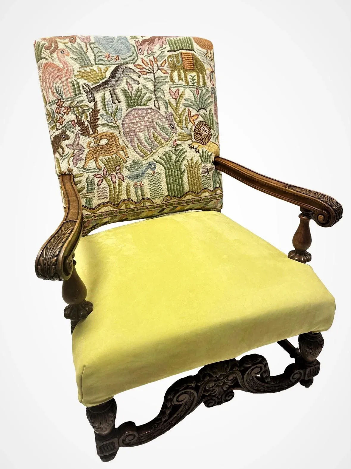 Antique Hacienda Chair With New Leather and Tapestry Upholstery - Image 6