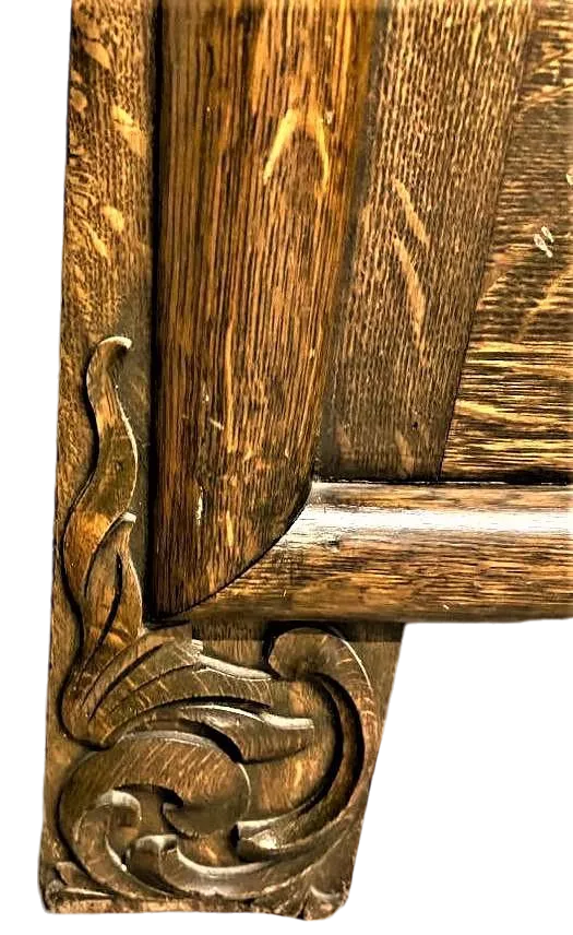 Antique William Morris Style English Arts & Crafts Movement Oak Carved High Back Monk's Bench - Image 6