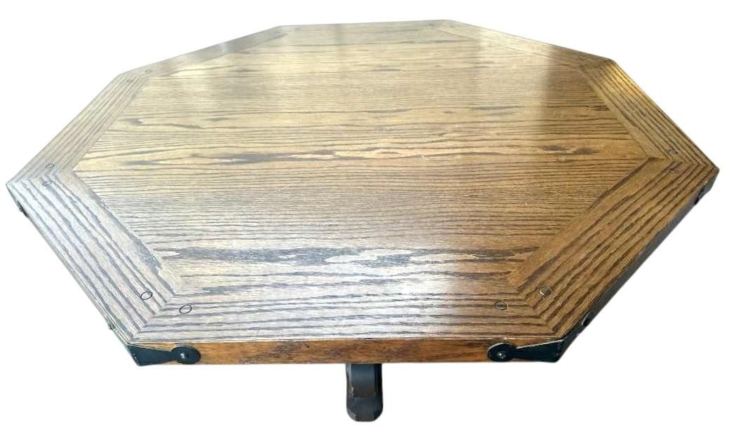 Solid Oak Spanish Colonial Revival Octagonal Game Table and Four Chairs on Brass Casters - Vintage Late 20th Century - Image 6