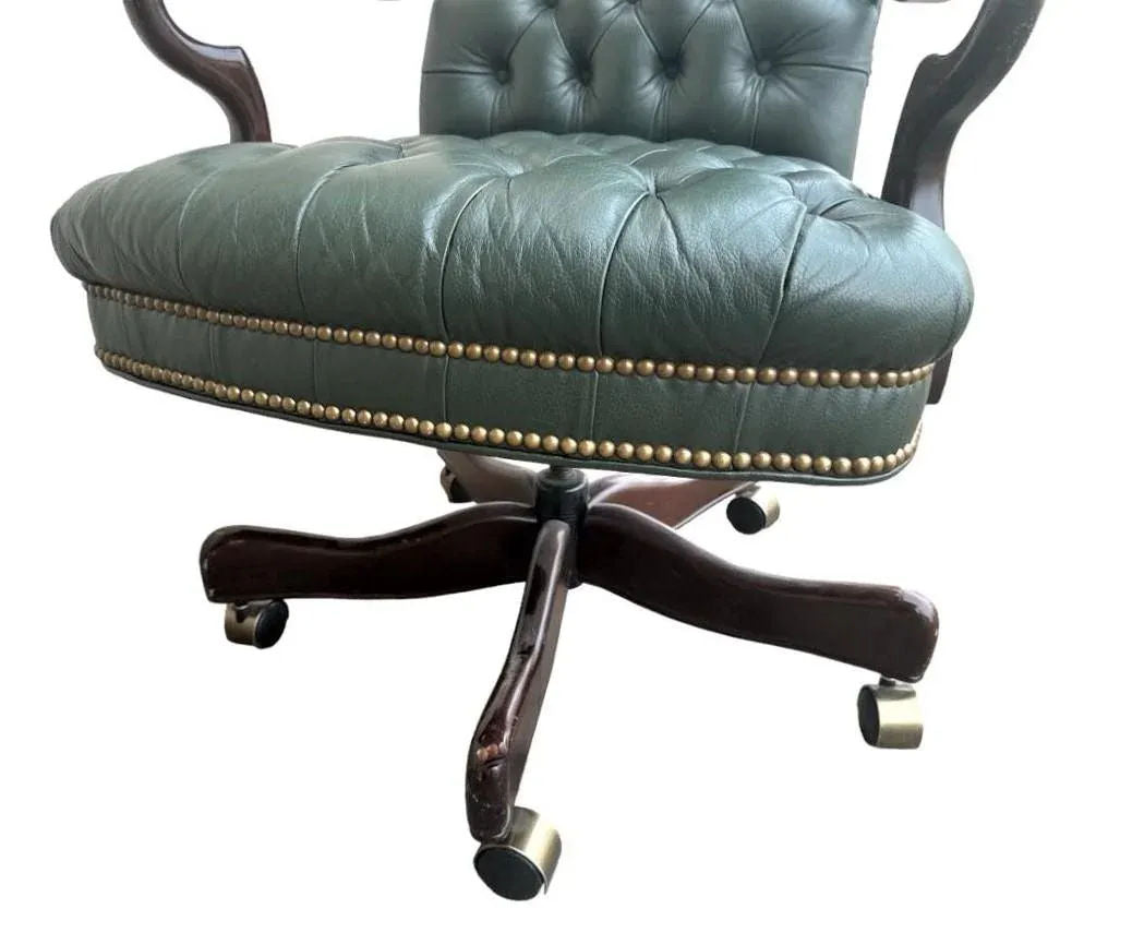 Early 21st Century Green Tufted Leather and Cherry Wood Executive Swivel Chair - Image 6