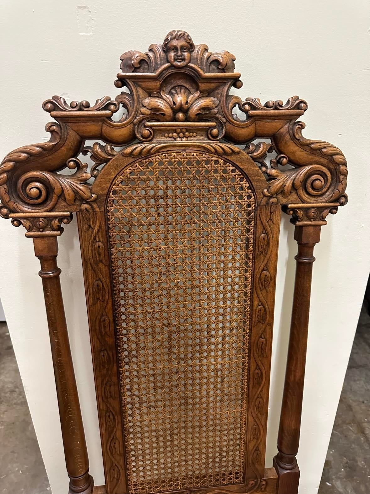 Antique 19th Century Ornately Carved Oak and Caning Renaissance Revival Chairs With New Leather Seat Upholstery - a Pair - Image 6