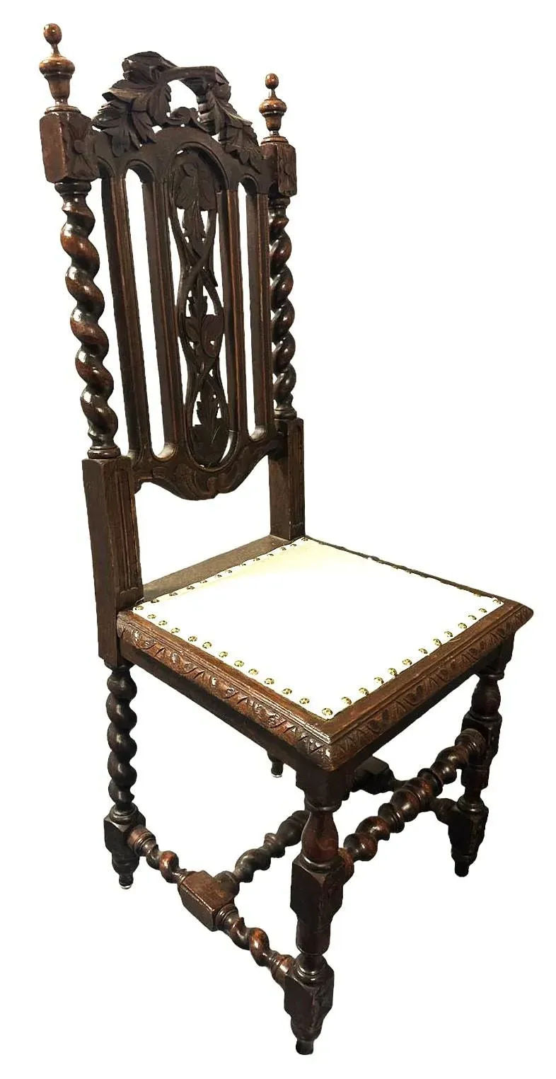 19th Century French Antique Carved Oak Dining Chairs With New Seat Upholstery - Set of 6 - Image 6