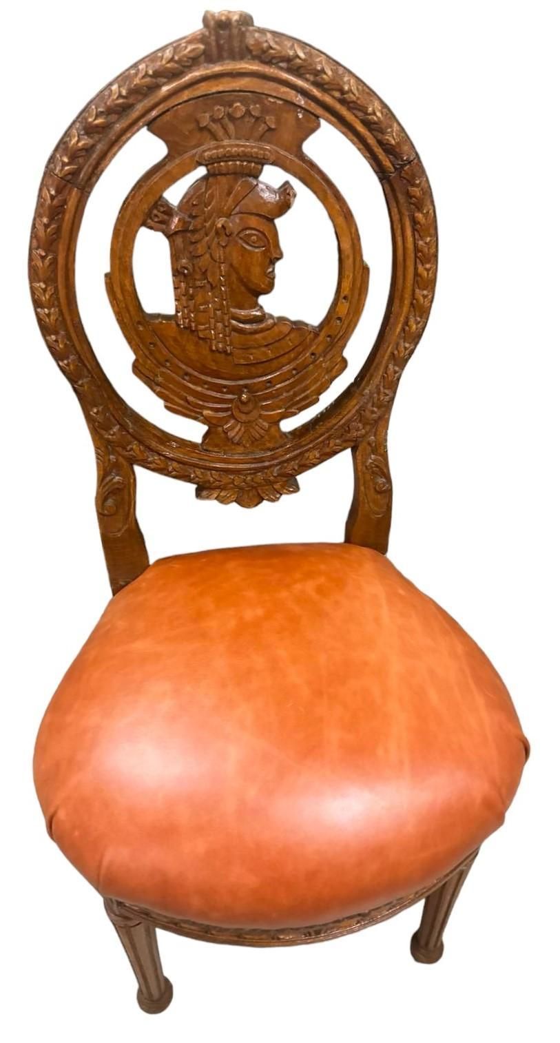 Louis XVI Carved Oak French Accent Chairs With New Caramel Colored Leather Seats - a Pair - Image 6