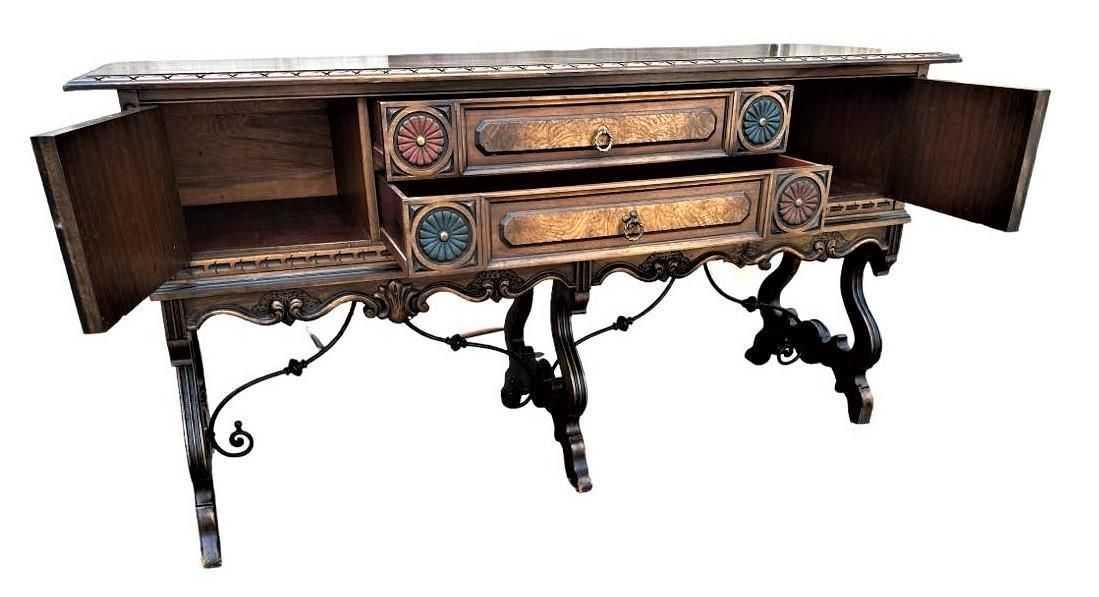 Antique Berkey & Gay Grand Rapids 72” ‘Span-Umbrian' Walnut, Burlwood and Polychrome Credenza or Buffet - Circa 1917 - Image 6