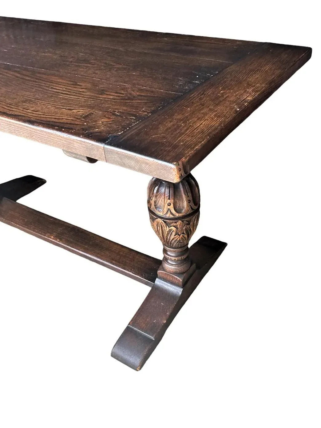 Antique Jacobean or Spanish Revival Dark Oak Trestle Library Table or Dining Table by Kensington Furniture Company - Image 6