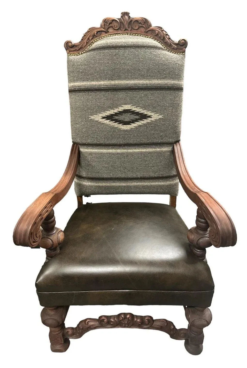 Antique Carved Hacienda Chair Upholstered With Oaxaca Wool Tapestry and Leather - Image 6