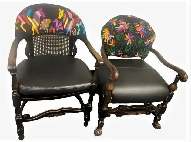 Set of 2 Ornate Spanish Revival Fauteuils With New Otomi Embroidery and Leather Upholstery - Early 20th Century Antiques - Image 6