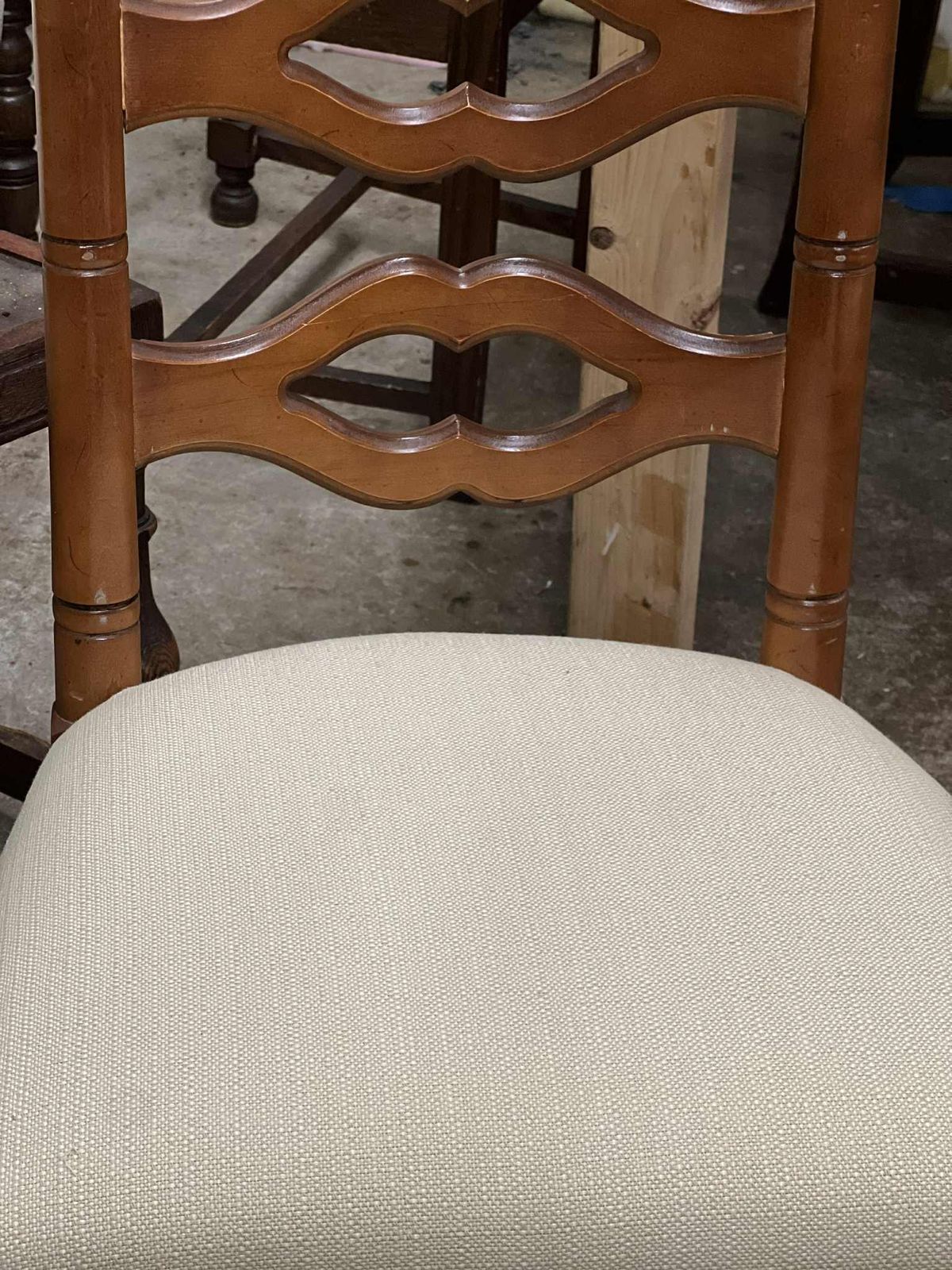 Vintage Drexel Attributed Spanish Revival Maple Wood Ladderback Dining Chairs With New Seat Upholstery - Set of 6 - Image 6