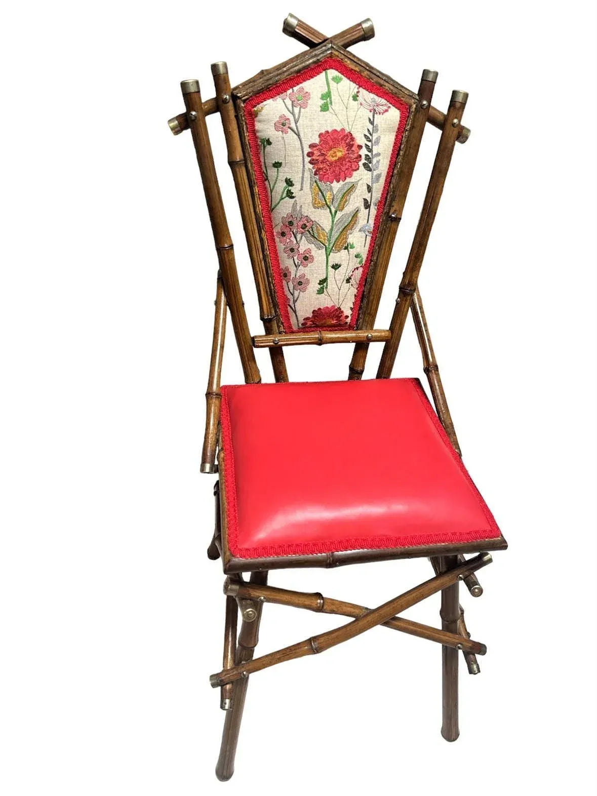 Antique Anglo-Indian Bamboo Campaign Chair With New Leather and Embroidered Upholstery - Late 19th Century - Image 6