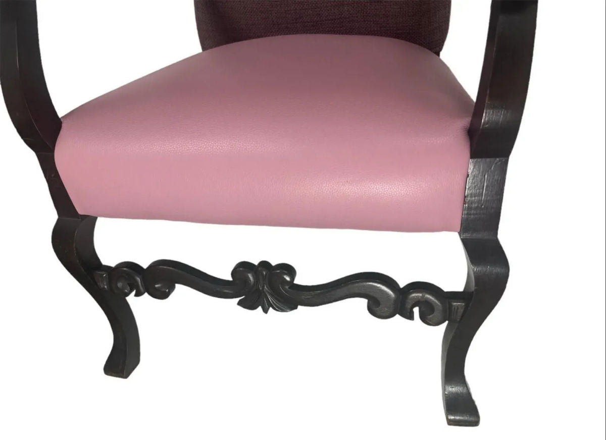 Antique Hacienda Style Chair With New Upholstery of Mauve and Rose Hand Embroidery and Leather - Image 6
