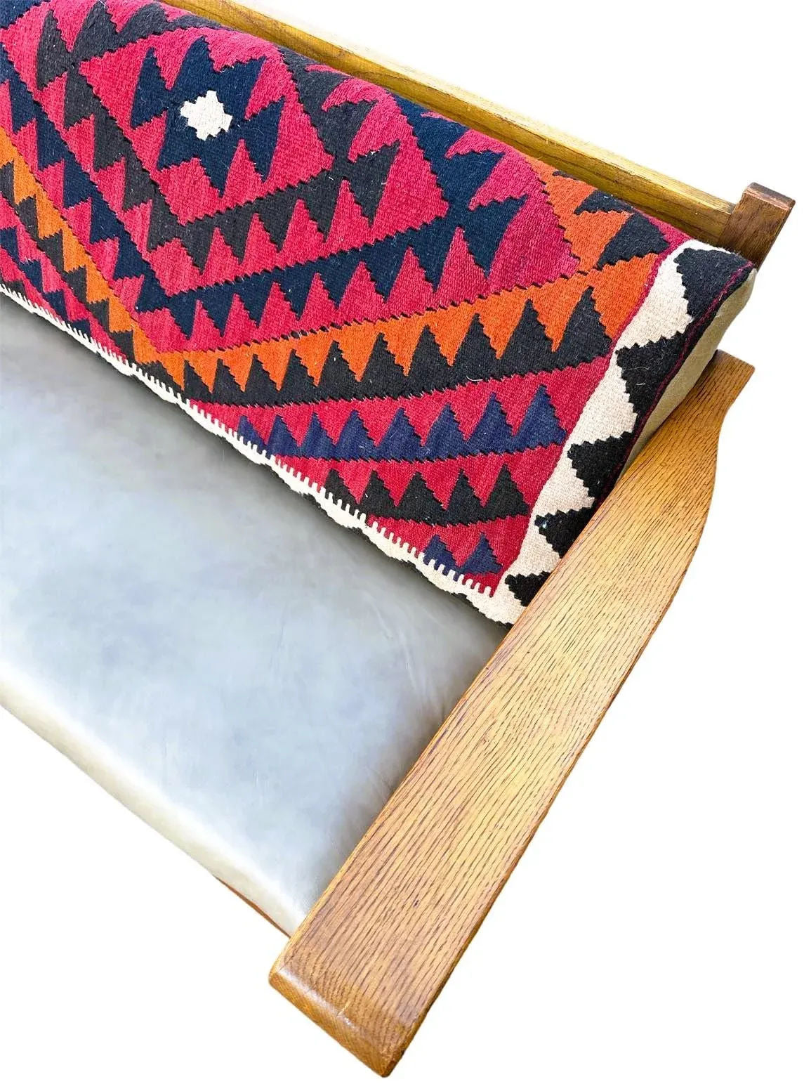 Antique Circa 1910 Oak Arts & Crafts Large 78” Settle With New Leather and Hand Made Persian Kilim Upholstered Cushions - Image 6