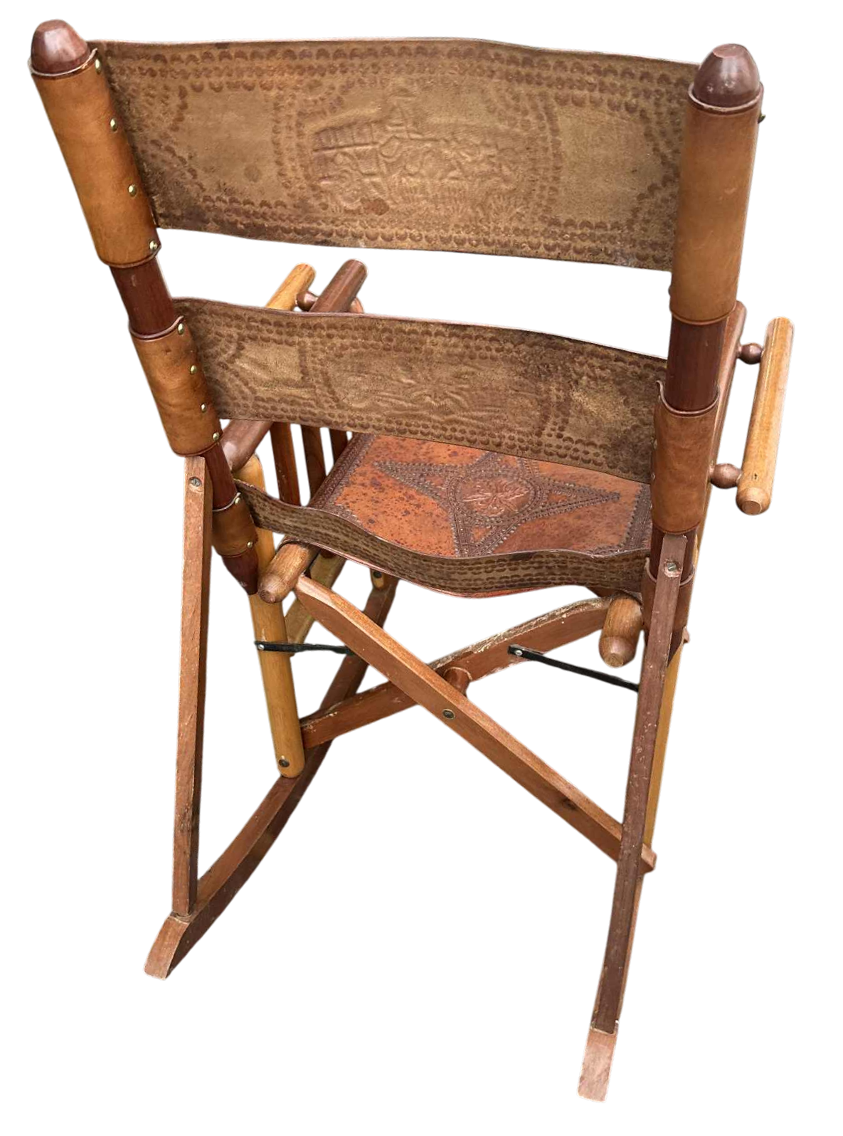 Late 20th Century Costa Rican Vintage Teak and Embossed Leather Folding Rocking Chairs - A Pair - Image 6