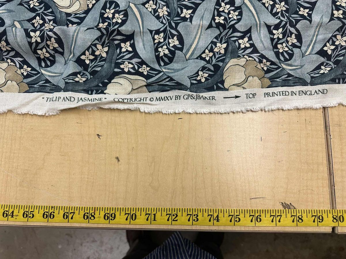 Late 19th Century Liberty & Co. Attributed Oak Rocking Chair With New G. P. & J. Baker Indigo and Ivory Linen and Indigo Leather - Image 6