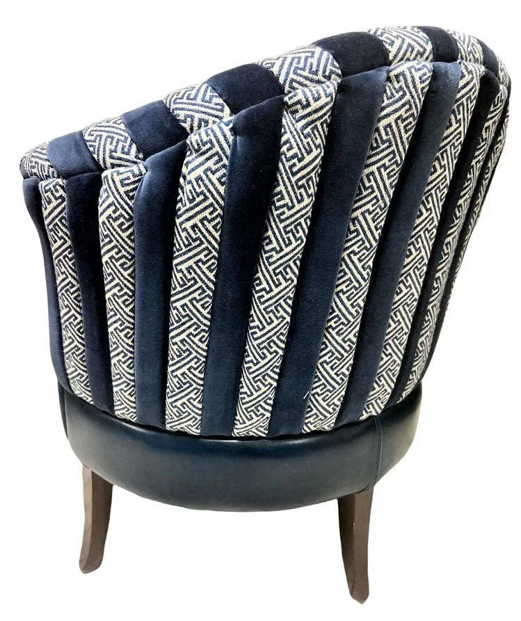 Mid 20th Century Round Accent Chair Reupholstered With Blue Velvet and Greek Key Fabric - Image 6
