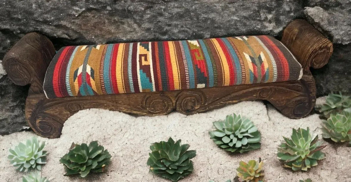 Rustic Hand Carved Mexican Wooden Bench With New Zapotec Tapestry Seat From Oaxaca - Image 6