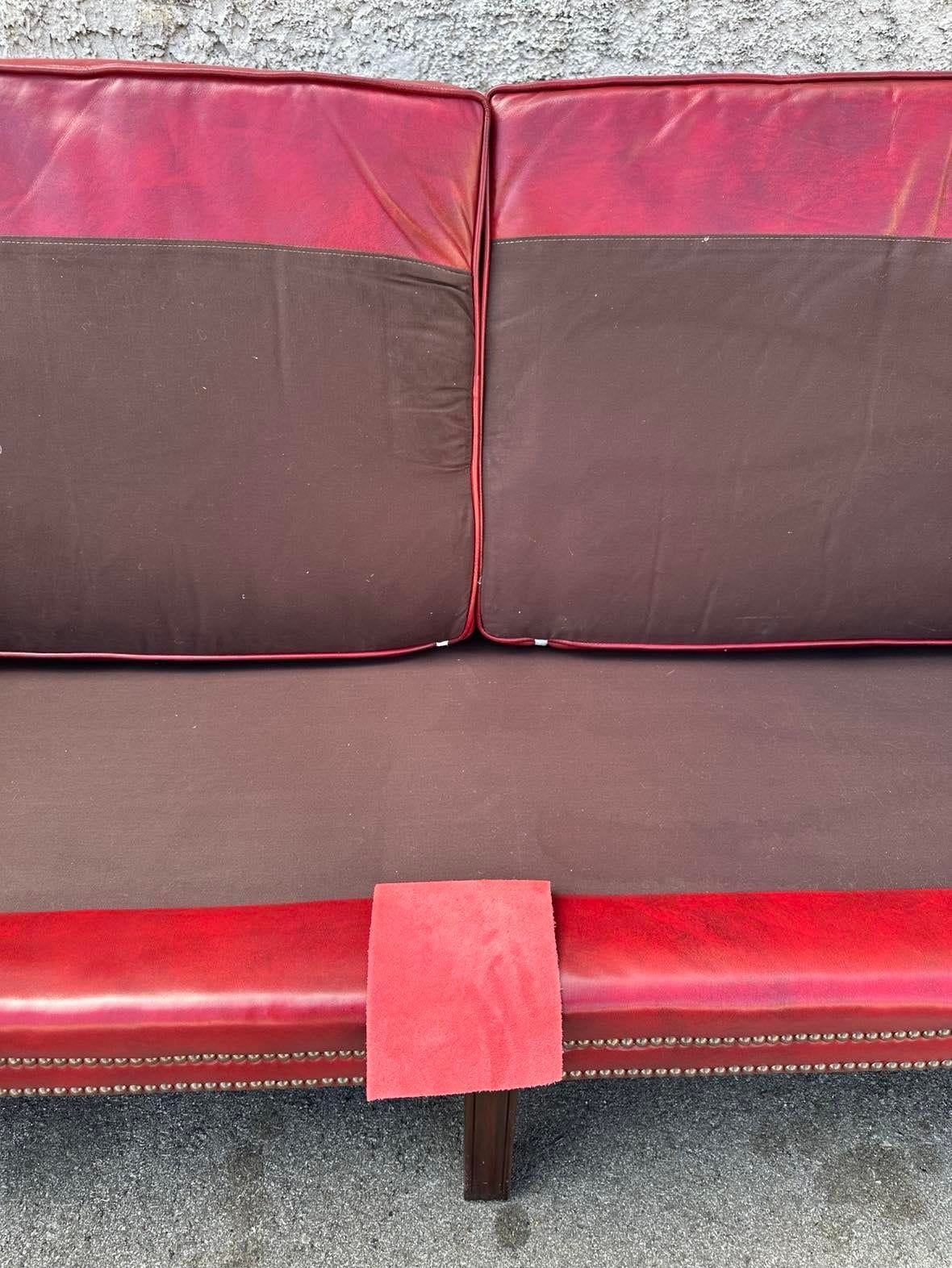Cherry Red Leather and Mahogany Chesterfield Sofa by St. Timothy of Hickory, North Carolina - Image 6