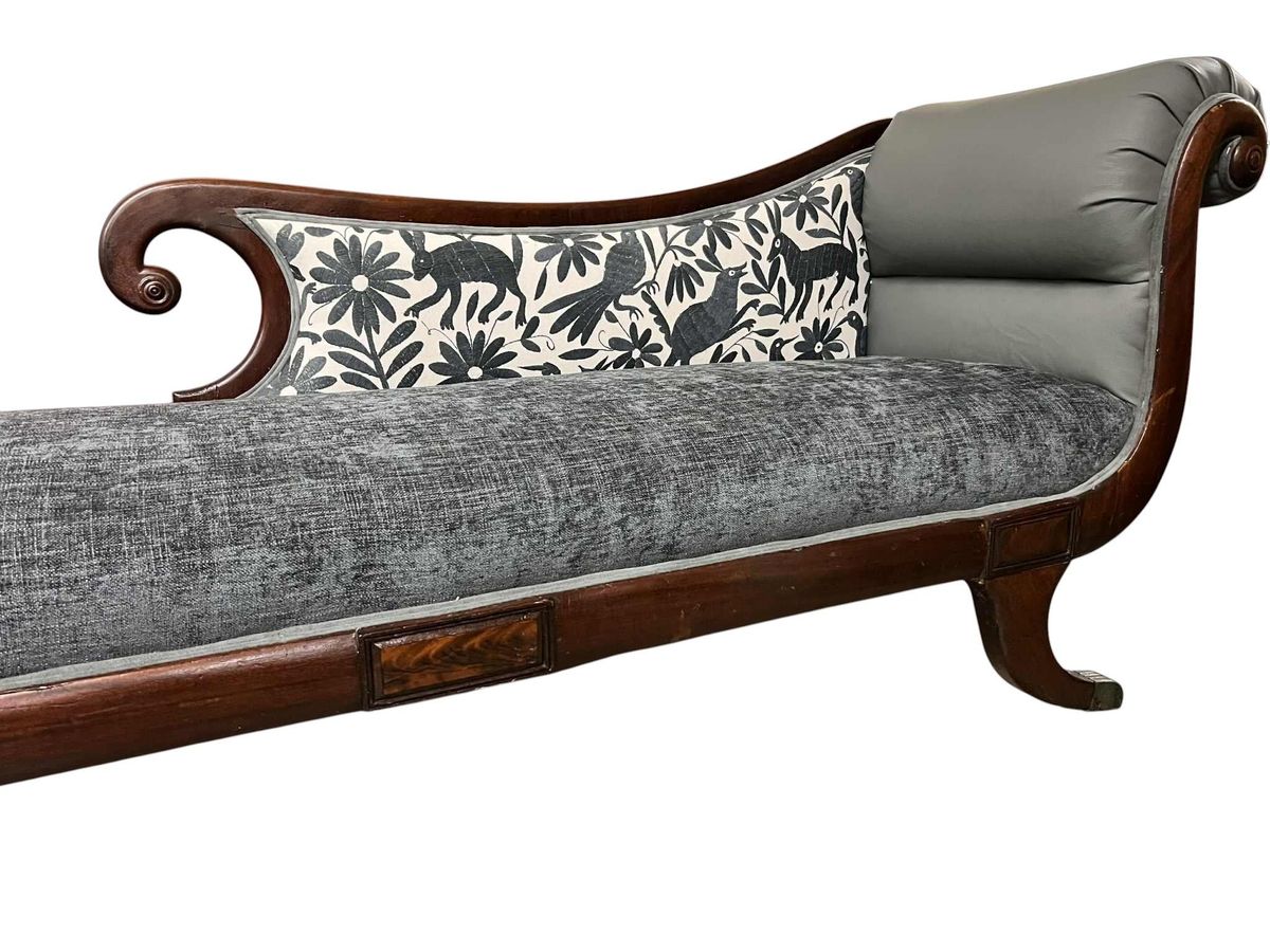 ‘Empress Carlota’ Mahogany Empire Chaise - Circa 1860s - Reupholstered With New Otomi Hand Embroidery and Leather - Image 6