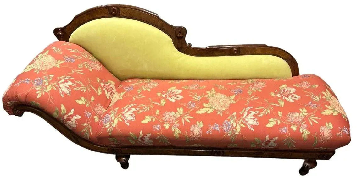 Antique 19th Century Fainting Couch With New Chartreuse Leather and Designer Fabric Upholstery - Image 6