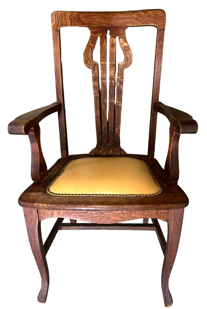 Antique English Liberty and Wyburd Attributed Arts & Crafts Quarter Sawn Oak Arm Chair With New Leather Seat Upholstery - Image 6