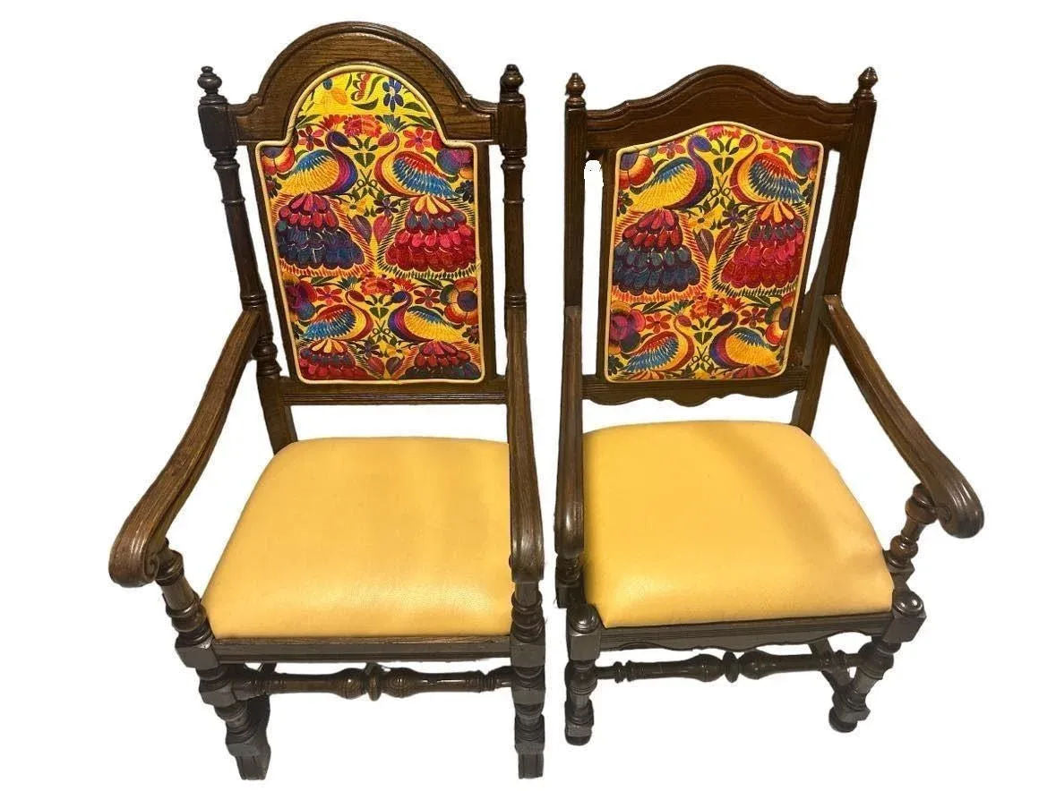 Ethan Allen Vintage Royal Charter Oak Chairs With Chiapas Embroidery, Leather, and Fabric Upholstery - Set of 6 - Image 6