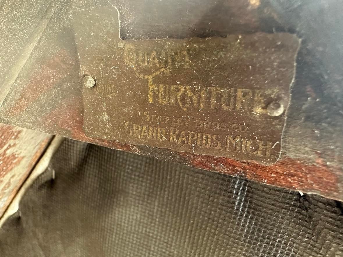 Antique Stickley Grand Rapids Quaint Furniture Mission Oak Rocking Chair With New Mohair Seat Upholstery - Image 6