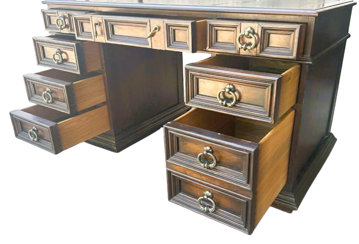 Solid Walnut Leather Topped Spanish Revival Coffered Desk - Vintage Mid 20th Century - Image 6