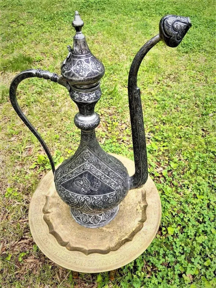 Antique Large Turkish Islamic Pewter Engraved Ewer - Early 20th Century - Image 6