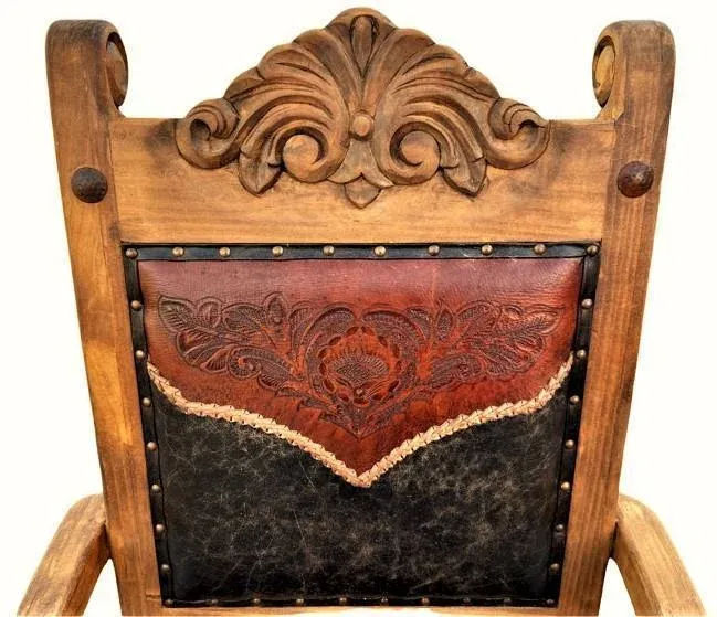 Custom Made Mexican Hacienda Chairs in Tooled Leather and Carved Wood - Set of 6 - Image 6