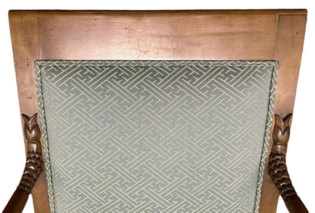 Baker Furniture Empire Style Carved Walnut Chair With Celadon Greek Key and Velvet Upholstery - Circa 1940s - Image 6