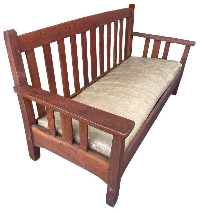Antique Stickley Brothers Grand Rapids Mission Oak Settee With New Pullup Leather Seat Upholstery - Circa 1900 - Image 6