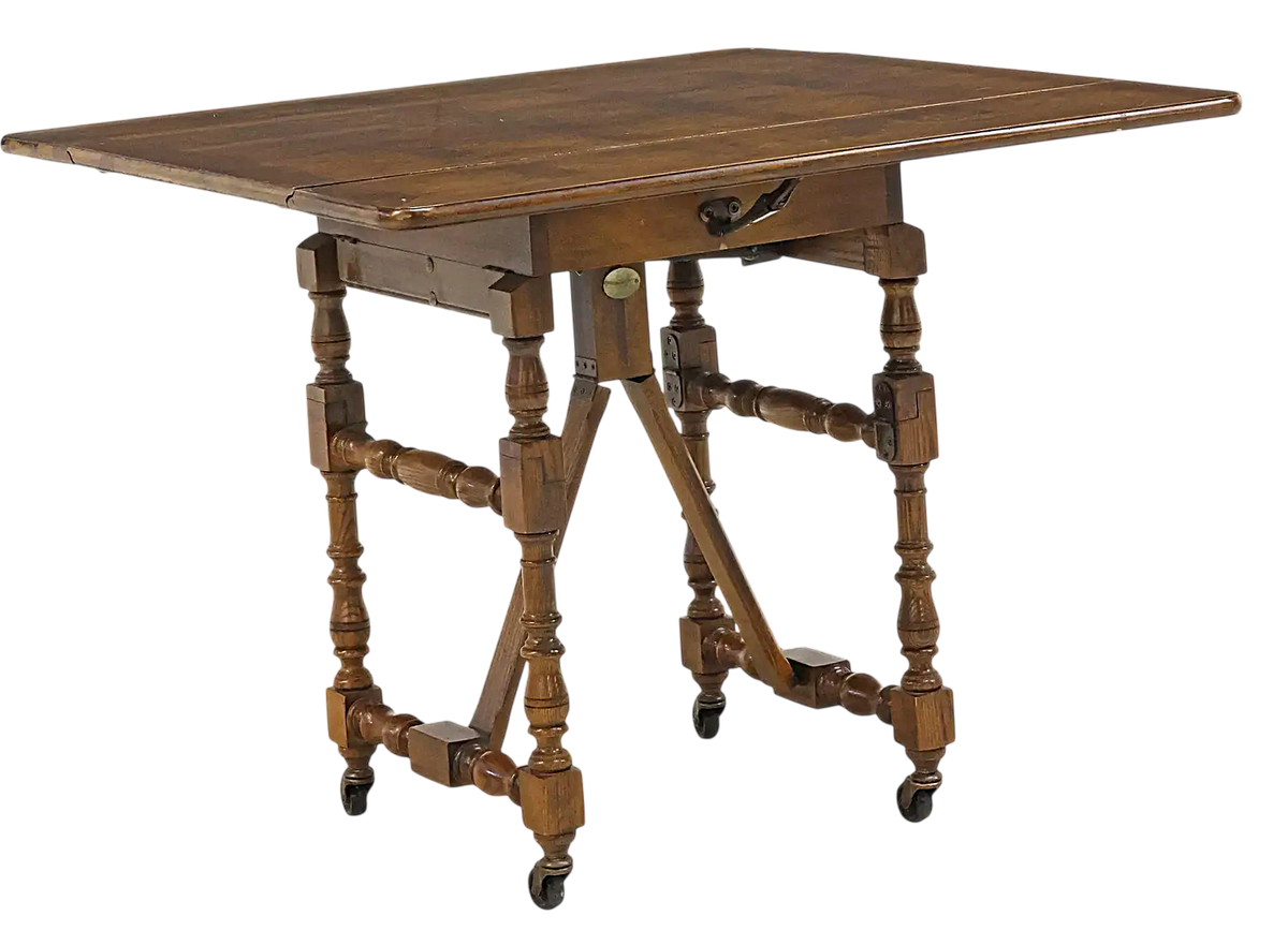 Late 20th Century Baker Furniture Vintage William & Mary Oak Drop Leaf 18” H Coffee Table Adjustable as 29” H Side Table - Image 6