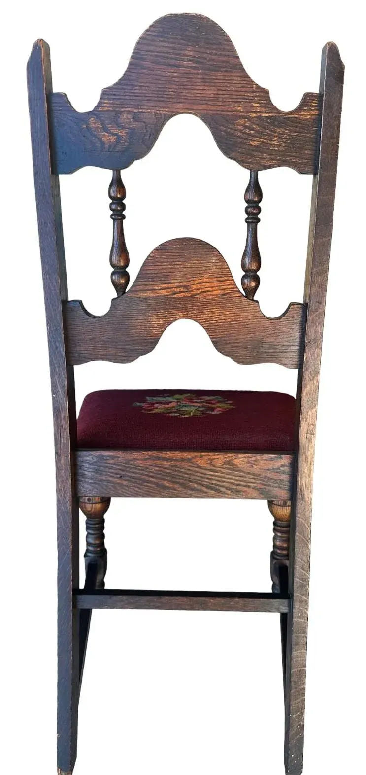 Antique 1920s Spanish Revival or Jacobean Carved Oak Dining Chairs With Needlepoint Seat Upholstery - Set of 6 - Image 7