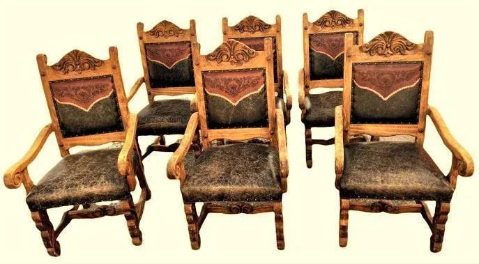 Custom Made Mexican Hacienda Chairs in Tooled Leather and Carved Wood - Set of 6 - Image 7
