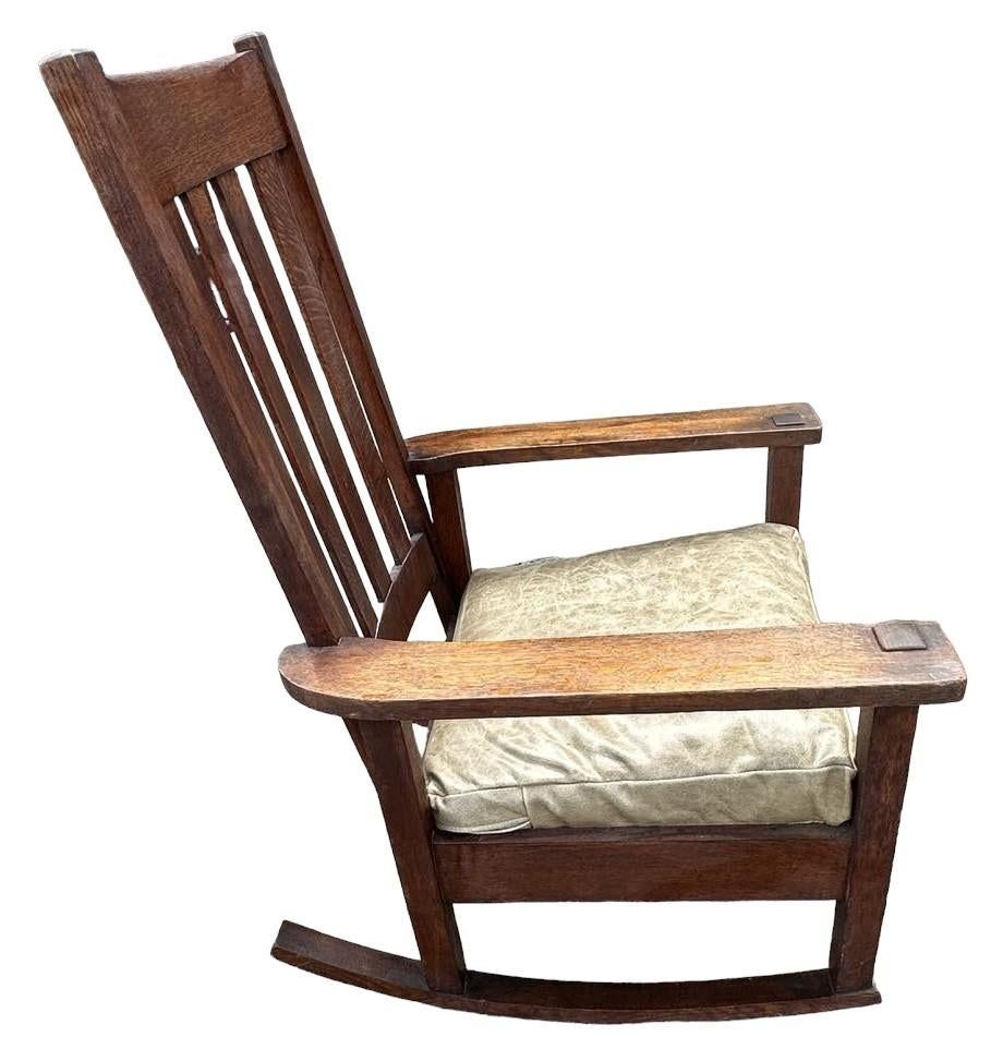 Antique Stickley Brothers Grand Rapids Mission Oak Rocking Chair With New Leather Upholstery - Circa 1900 - Image 7