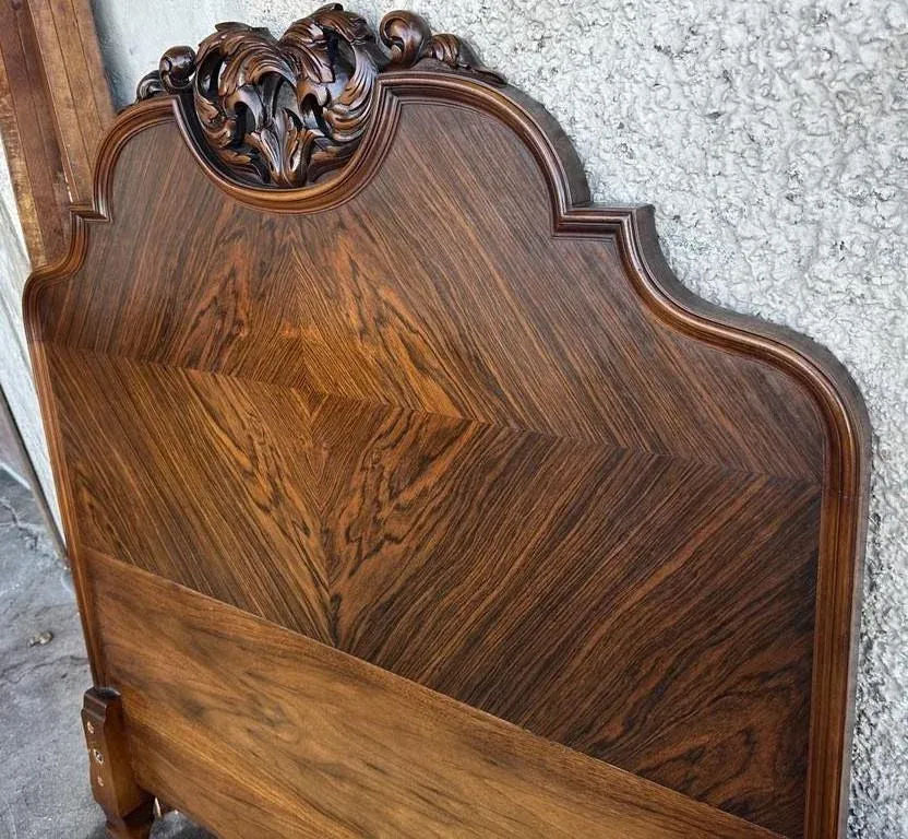Antique Rococo Heavily Carved Burlwood and Walnut Bed Attributed to Kindel Grand Rapids - Twin Size - Circa 1910 - Image 7