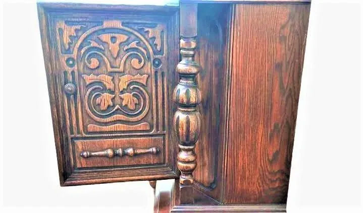 Antique Spanish Revival Solid Oak Liquor Cabinet or Linen Press - Early 20th Century - Image 7