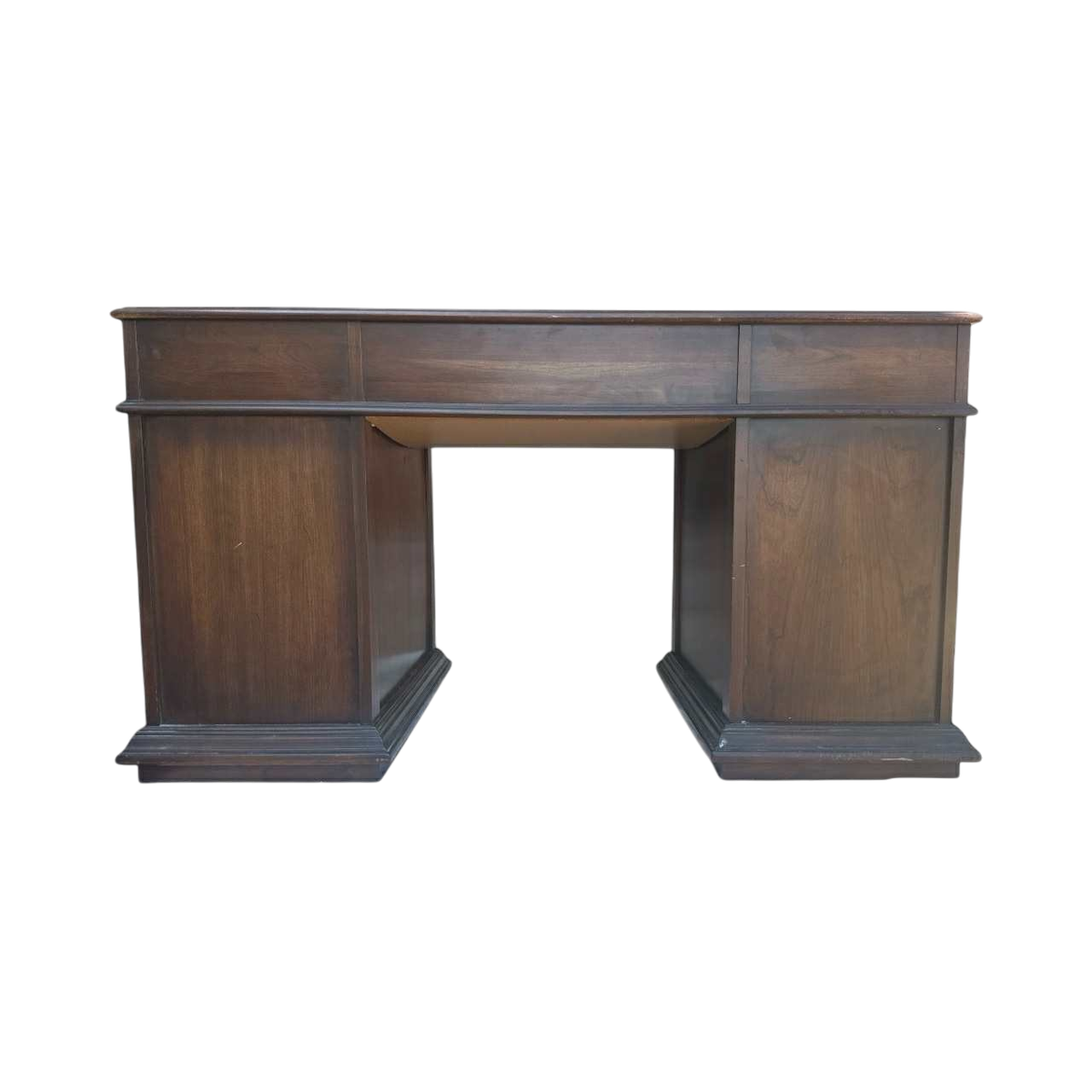 Solid Walnut Leather Topped Spanish Revival Coffered Desk - Vintage Mid 20th Century - Image 7