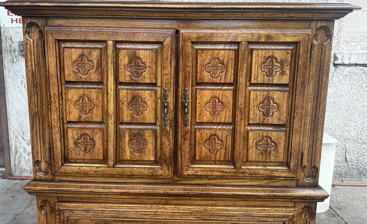 Spanish Revival Oak Armoire or Liquor Cabinet - Vintage Circa 1970s - Image 7