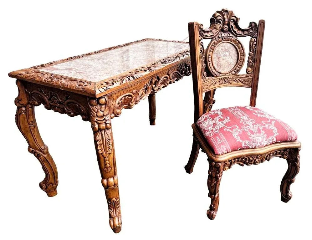 Spanish Baroque Style Heavily Carved Desk and Chair Set With Marble Inserts - Circa 1990 - Image 7
