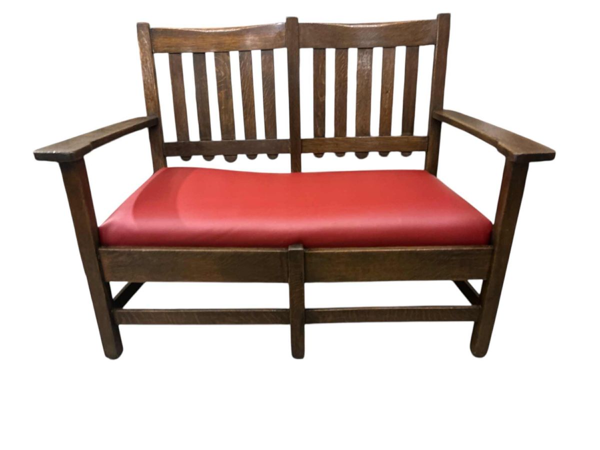 Stickley Brothers Grand Rapids Antique Settle Model #3887 - Quarter Sawn Oak and New Red Leather Seat - Circa 1910 - Image 7